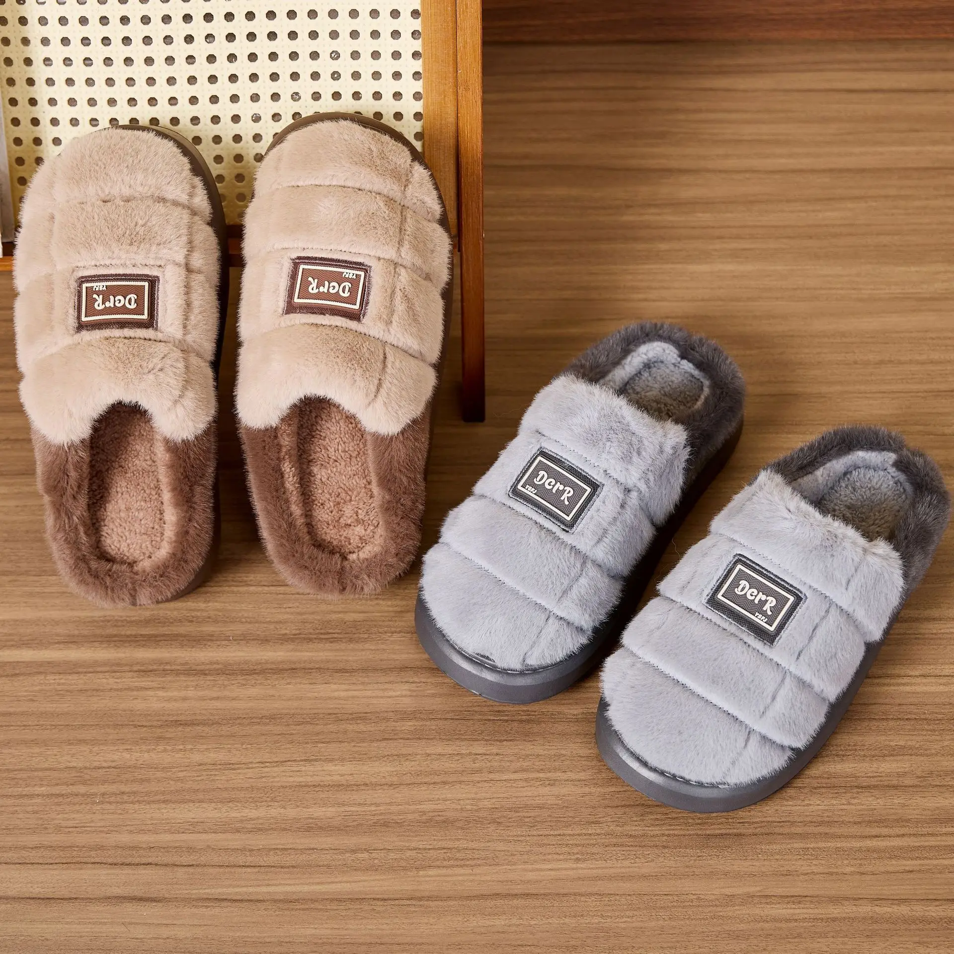 

Мужские тапочки в меховую клетку, уютная легкая повседневная обувь из пены с эффектом памяти из ЭВА, зимние теплые плюшевые нескользящие тапочки zapatos de mujer