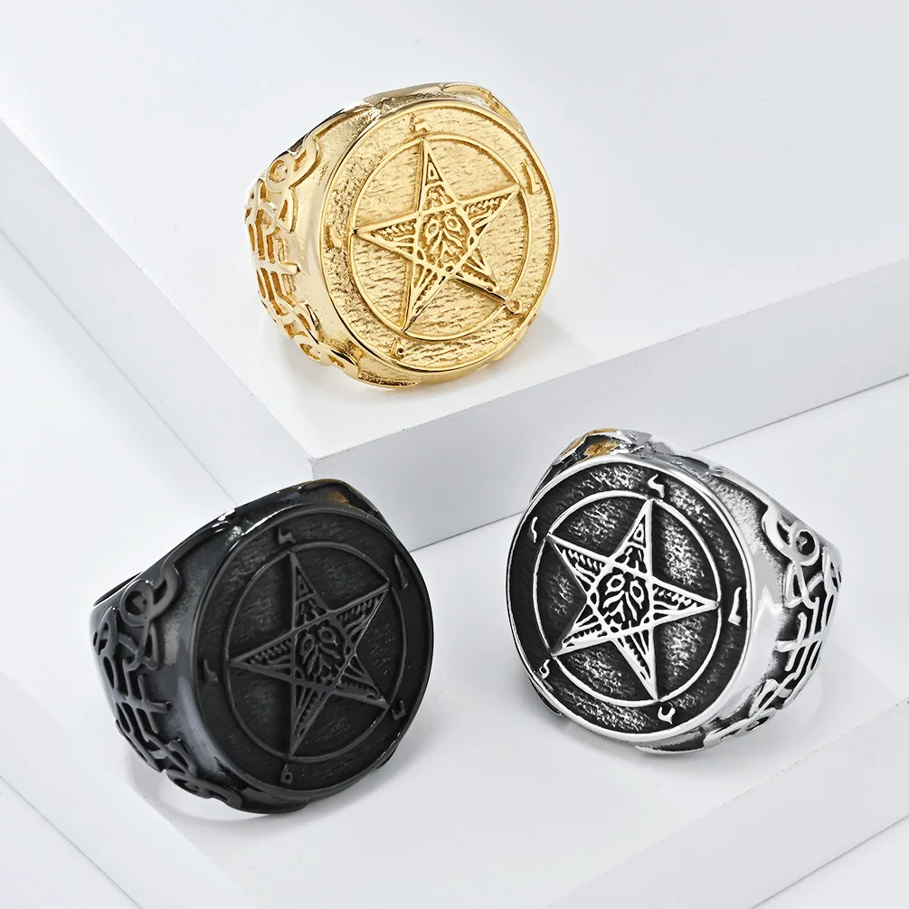 Gold Plated Stainless Steel Satanic Goat Jewelry Trend 2024 Pentagram Hebrew Signet Pentacle Ring Waterproof