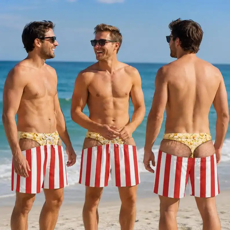 Fun Men's Swim Trunks Popcorn Chips Paper Cupcakes Fluffy Buttocks Shorts Striped Beach Shorts Parody Gifts Party Swimsuits