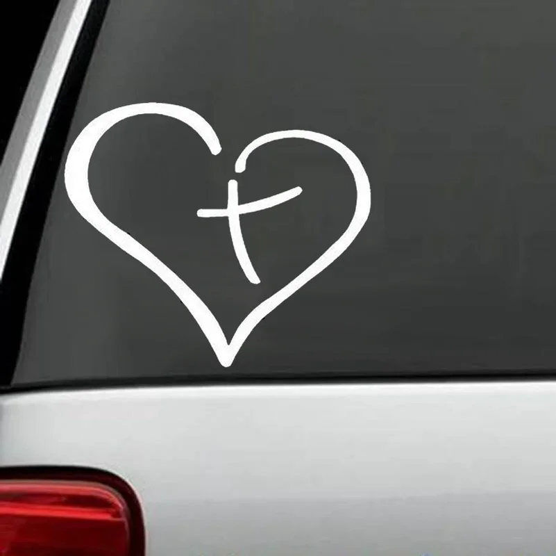 Heart with Cross In Center Decal Sticker Vinyl for Car Auto Christian 13.5CM