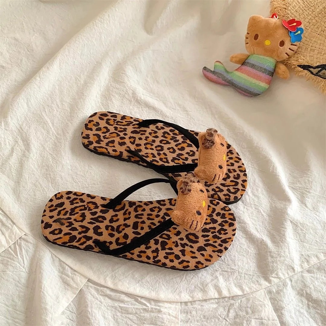 Y2K Sexy Leopard Print Hello Kitty Flip-flops Cool  Charms Beach Slippers Women Summer Outer Slippers Kawaii Aesthetic Gifts