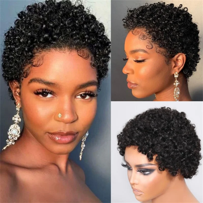 Julia Hair Short Curly Hair Wigs Pixie Cut Brazilian Human Hair Natural Black Glueless Afro Kinky Curly Wig