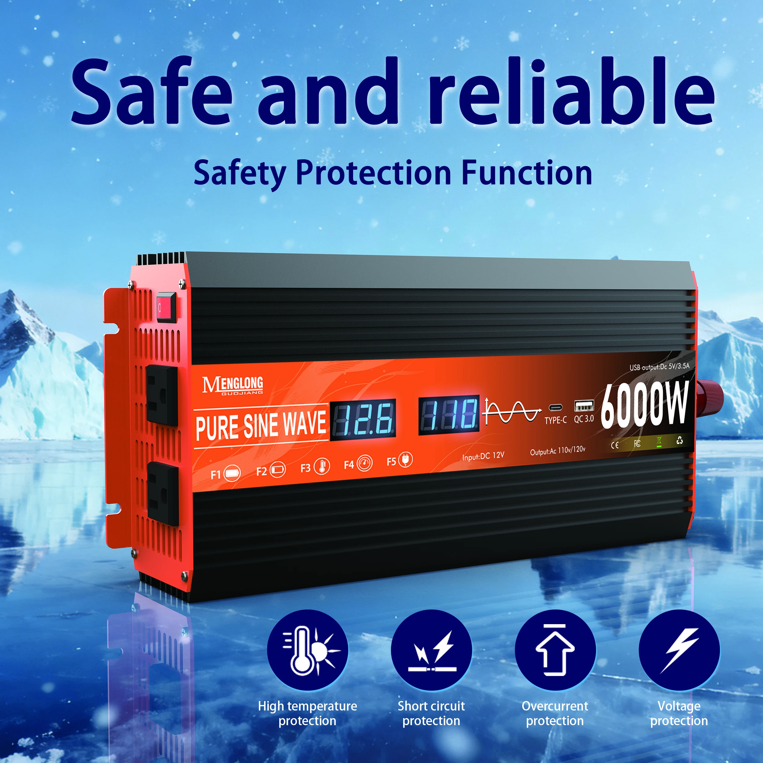 6000W 4500W peak pure sine wave inverter, 12V to 110V/120V AC, with 2 outlets, USB Type-C, LED display, for Home Outdoor RV Boat Use