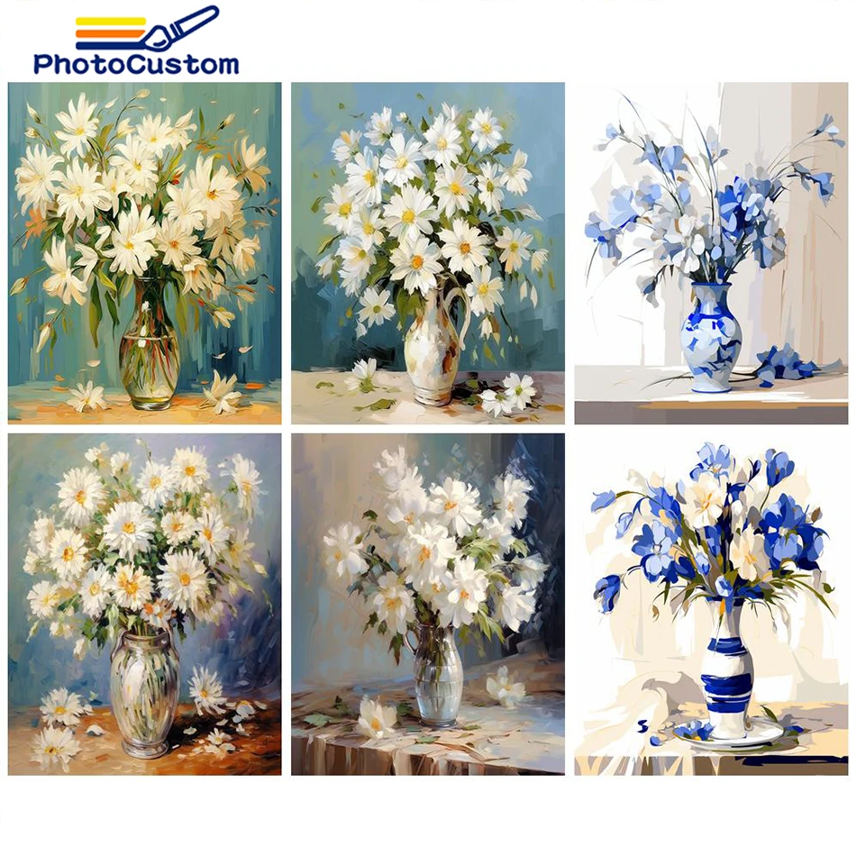 

PhotoCustom Painting By Numbers White Flower Handmade Diy Kits For Adults Acrylic Paints Drawing Oil Picture Of Coloring By Numb