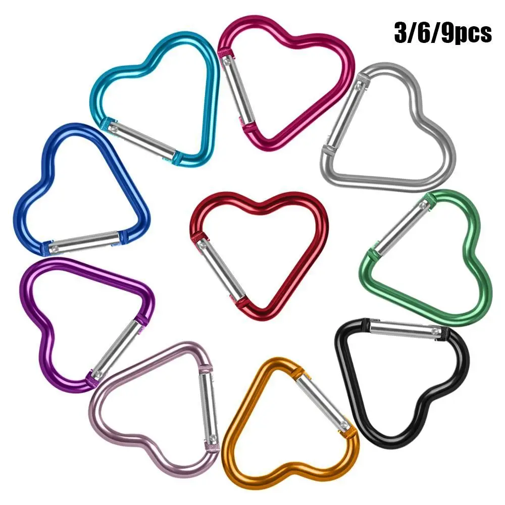 3/6/9pcs 10 Colors Outdoor Camping Tool Water Bottle Hanging Heart-shaped Buckles Keychain Clip Aluminum Carabiner Keyring Hook