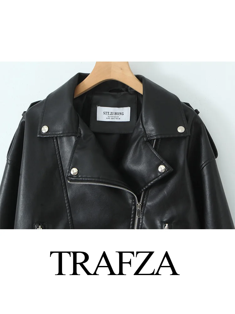 TRAFZA Autumn Female Elegant Jacket 2-color Turn-Down Collar Long Sleeves Pockets Zipper Women\'s Drawstring Street Coats Mujer