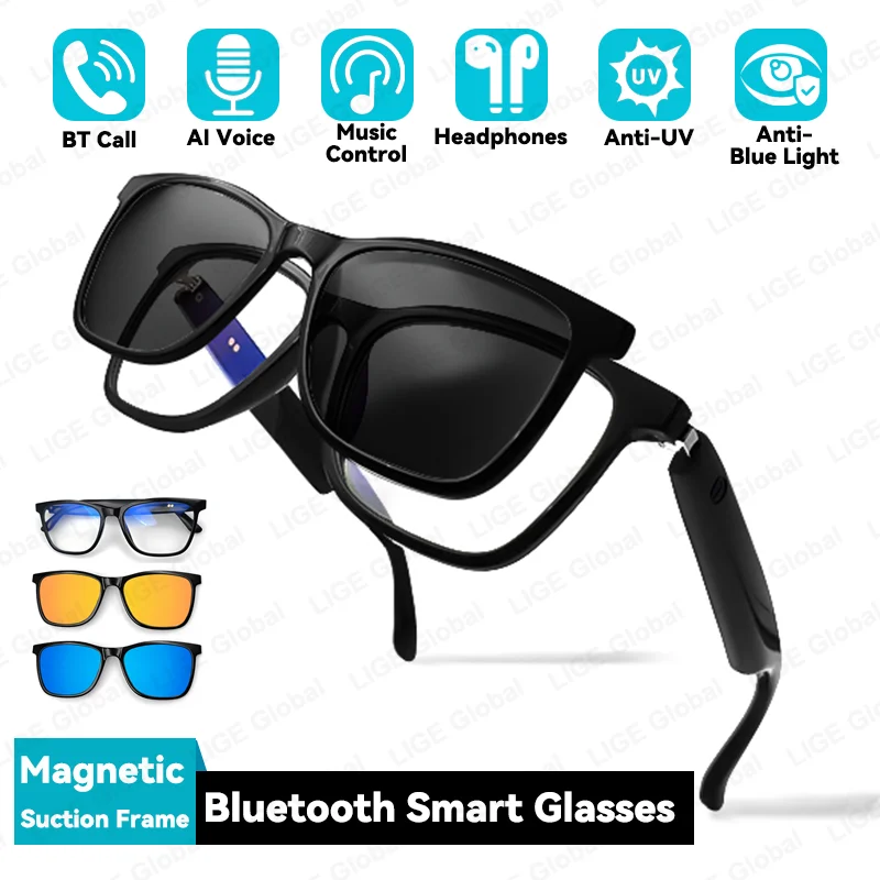 LIGE Smart Sunglasses AI Voice Bluetooth Call Music Polarized Anti-blue Light UV-Proof Magnetic Frame Lenses Headphones Glasses