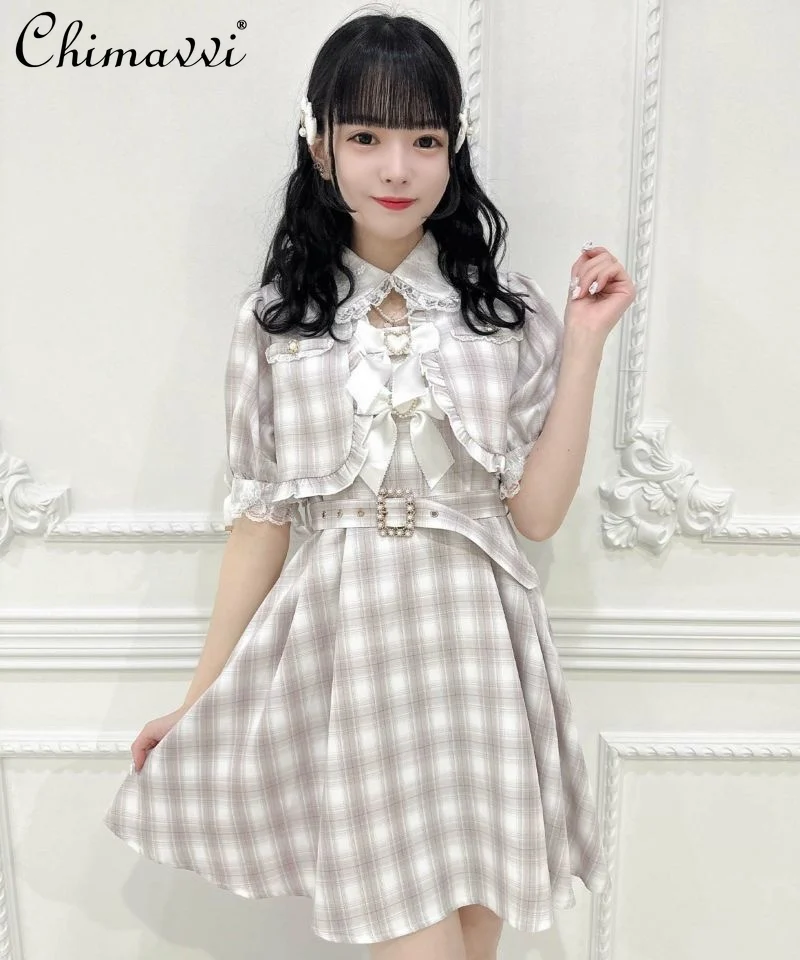 

Japanese Style Plaid Dress 2024 Summer New Peter Pan Collar Double Hem Girl Lady Sweet Cute High Waist Lolita Mini Dress Women