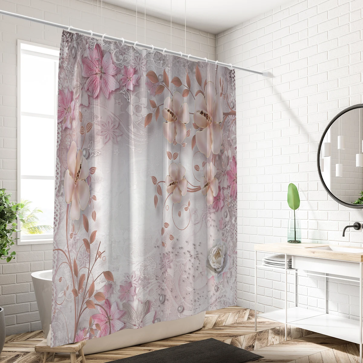 1PC Pink lace flowers printed shower curtain, waterproof, washable, with 12 hooks, bathroom shower, home use