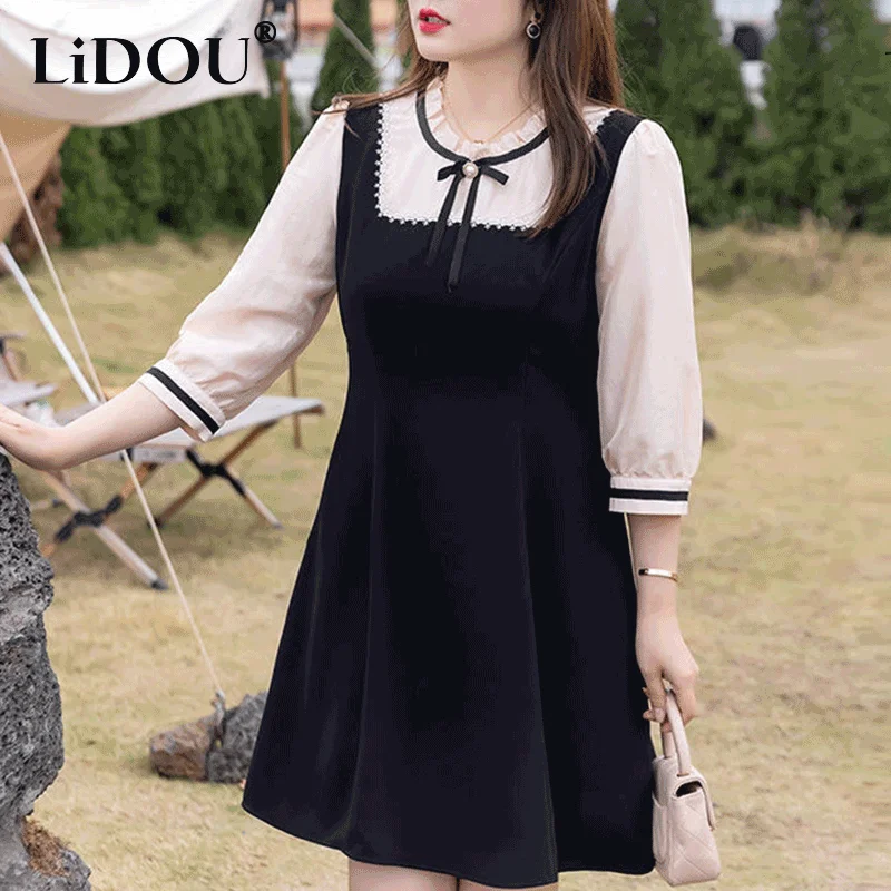 Elegant Fashion England Style Chic Sweet Capable Aesthetic Kawaii Vintage Grace Dress Three-quarter Sleeves vestidos