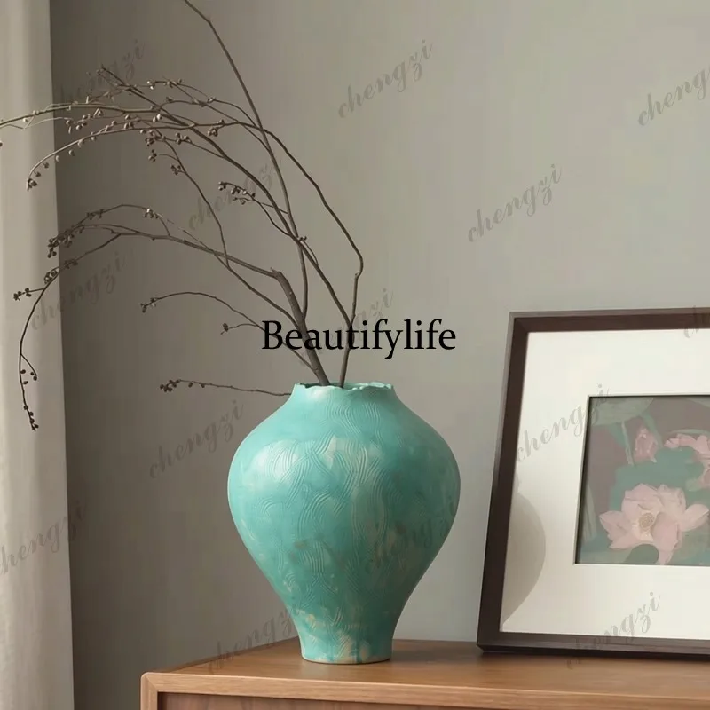 Handmade moss green ripple pattern ceramic vase wabi-sabi style vintage living room decorative floral ornament