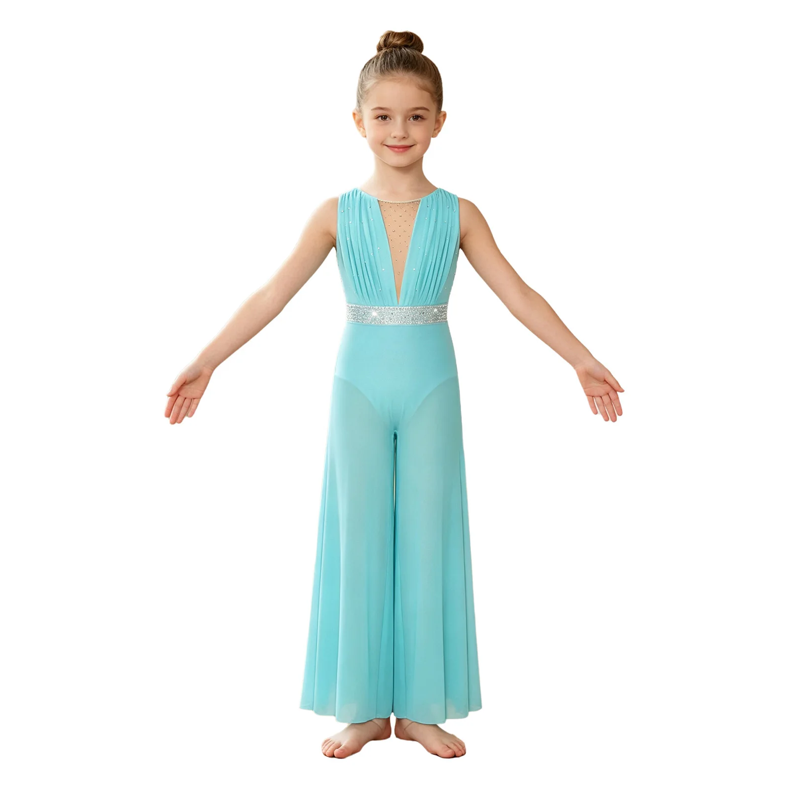 Kinder Mädchen Zeitgenössisches Ballett Lyrisches Tanzkostüm Unitard mit Strassbesetztem Oberteil und Transparenter Weitbeiniger Netzstoffhose – Detail 20
