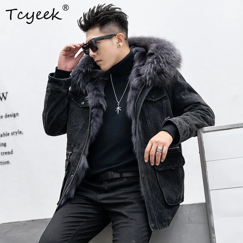 Tcyeek Real Fox Fur Coat Men Mid-long Men Parka Warm Winter Jackets for Men Clothing Cowboy Raccoon Fur Collar Куртка Мужская