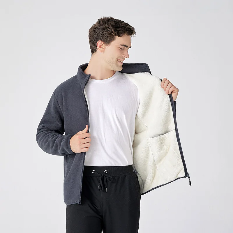 

Men's Thiened Fce Jaet Zipper Coat Winter Warm Double-sided Velvet Outdoor Men's Faion Slim Fit Long Sve Jaet