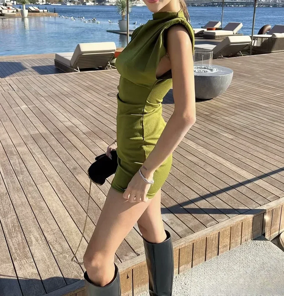 Kondala-mulheres sexy magro vestido curto cintura verde ombreiras mini vestido novo 2025 primavera outono moda festa de casamento vestido de convidado
