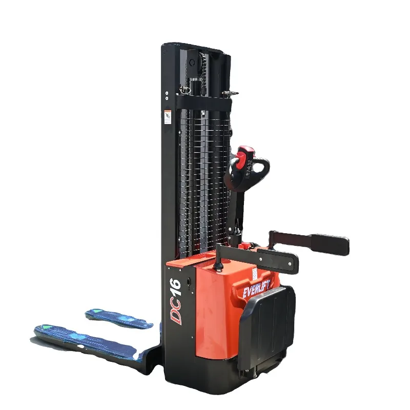 Self Loading Electric Stacker Portable Battery Forklift Warehouse Material Handling Lifting Machine