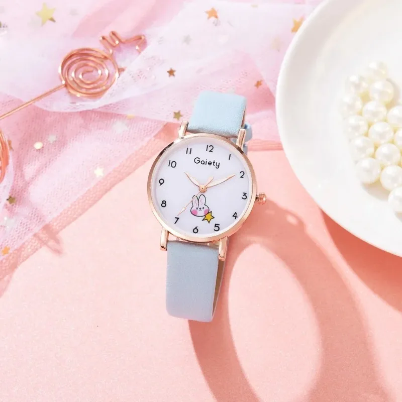 

2/5pc Women Watch Bracelet Set Leather Cute Rabbit Girls Wristwatch Fashion Ladies Quartz Clock Reloj Mujer Students Gift(No Box