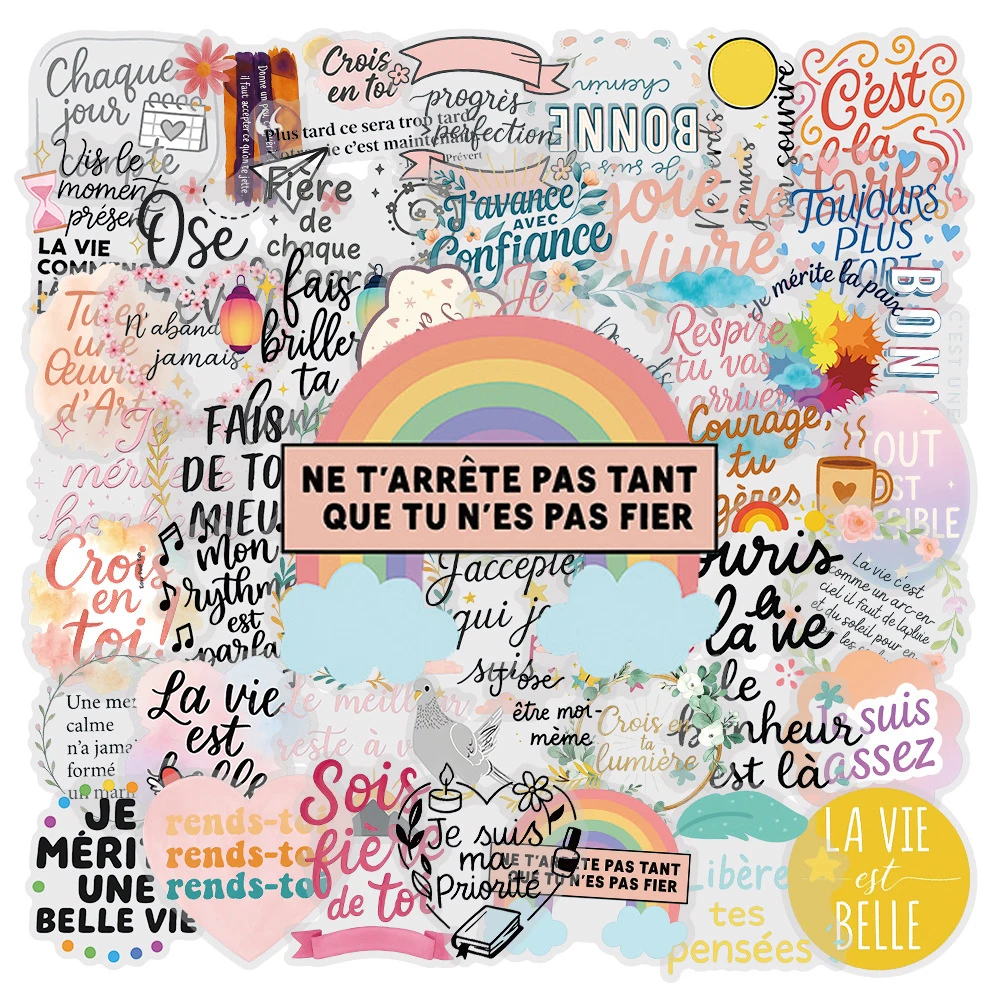 10/30/50pcs Cute French Inspirational Phrases Stickers Aesthetic Graffit Laptop Phone Scrapbook Cartoon PET Decoration Sticker