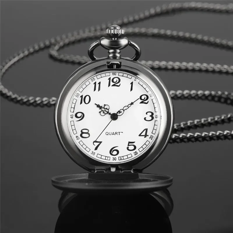 Vintage Matte Black Silver Full Hunter Cover Unisex's Quartz Pocket Watch Necklace Pendant Chain Arabic Number Timepiece Gift