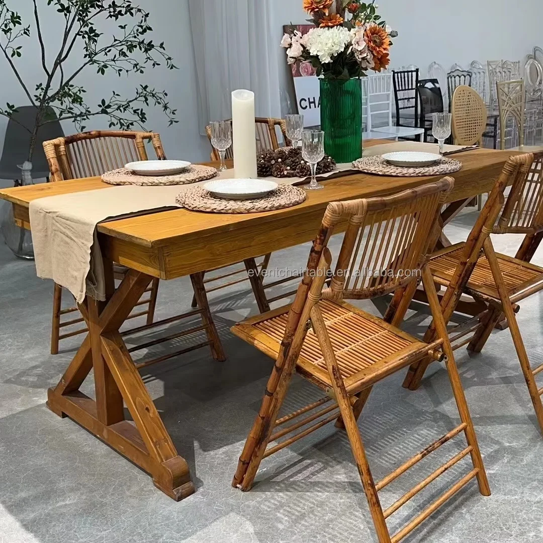 Factory Wholesale Antique Rustic Pine Wood Banquet Folding Farmhouse Table Cross Leg
