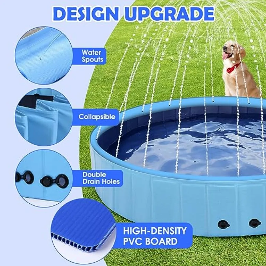 87インチ大型犬用プール、スプリンクラー付き2-in-1折りたたみ式スイミングプール、滑り止め硬質プラスチック製スプラッシュスプリンクラー付きキッズプール（屋外用）