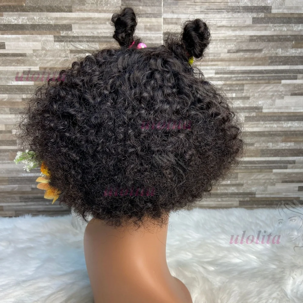 Premium 100% Echthaar Kinderperücken 8 Zoll 200% Dichte Niedliches Remy-Haar Krauses Lockiges 4x4 Lace Closure Perücken Naturfarbe 15A – Detail 7