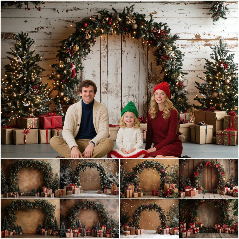 

Christmas Arched Door Photo Backdrop Vintage Xmas Wooden Floor Photography Background Gifts Kids Family Party Decor Photo Studio