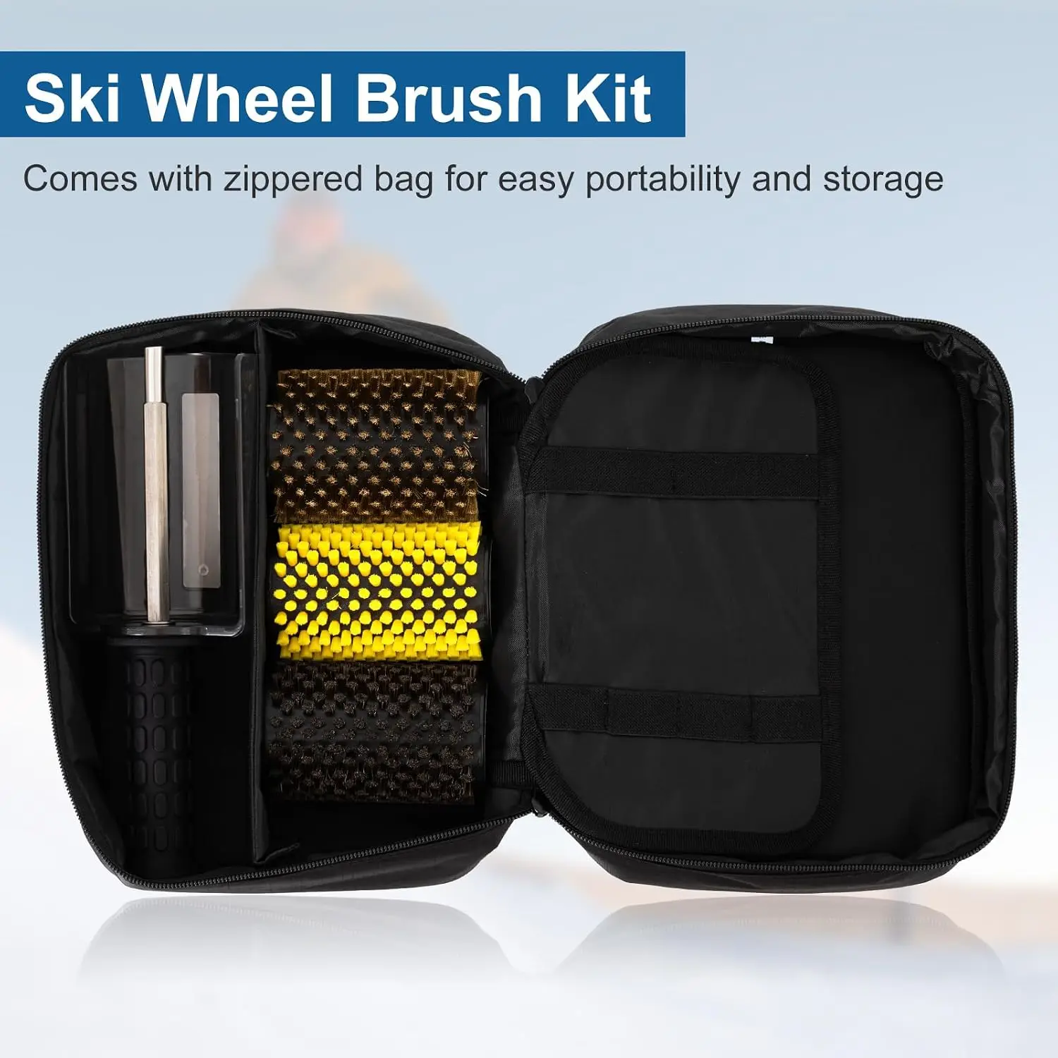 3 Pcs 100mm Ski Rotation Brush Ski Snowboard Wax Rotation Brush Snapout Fast Change Axle Includes 3 Brushes, Nylon, Brass, Horsehair and Storage Bag