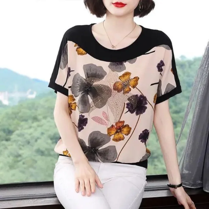 New Summer Women\'s Patchwork Contrast Color O-Neck Short Sleeve Loose Plus Size Pullovers Printed Diamonds Fashion Casual Tops