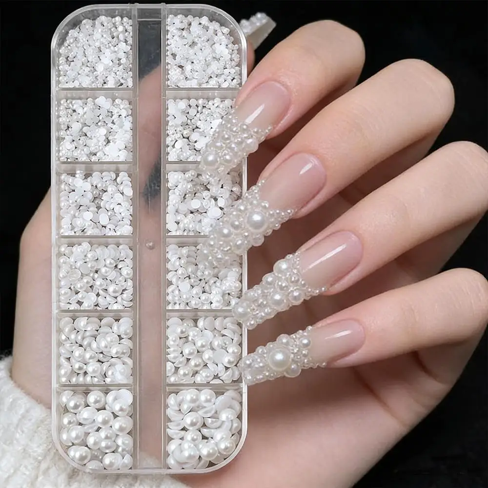 12 Gitter 3D Weiße Perlen Nagelcharms 1,5-5mm Runde/Halbrunde Perlen Nagelkunst Dekoration Perlen DIY Bastelzubehör Maniküre Zubehör 1