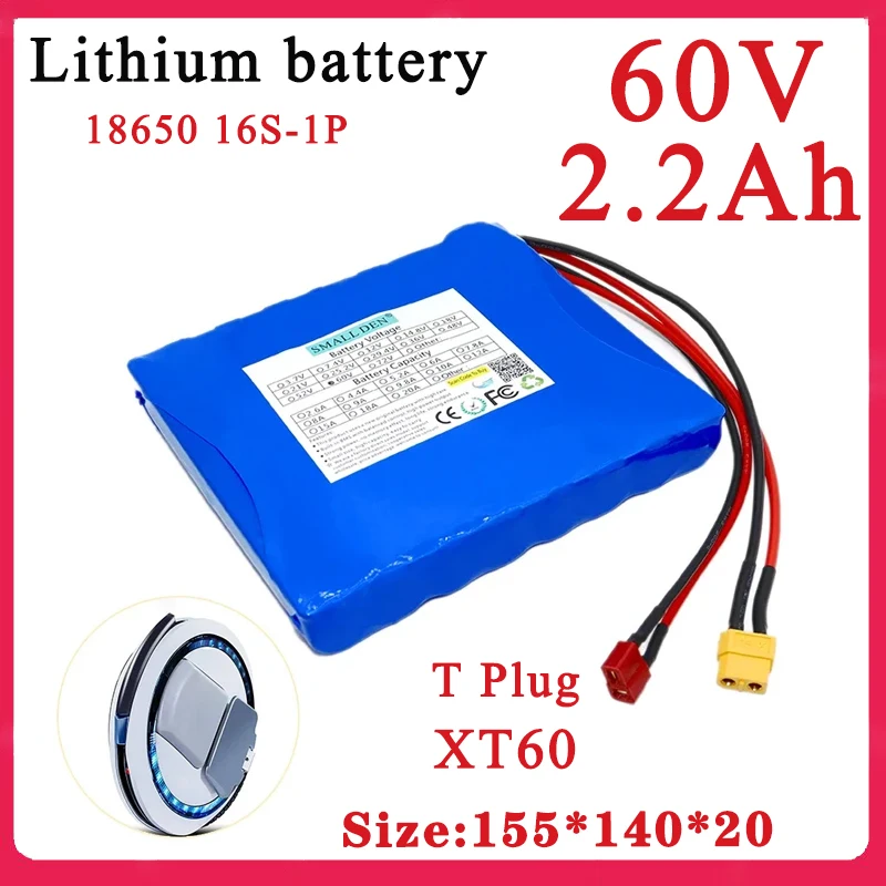 60V 2.2Ah 16S 18650 lithium ion battery pack with BMS for self-balancing scooter electric unicycle 2200mAh rechargeable battery