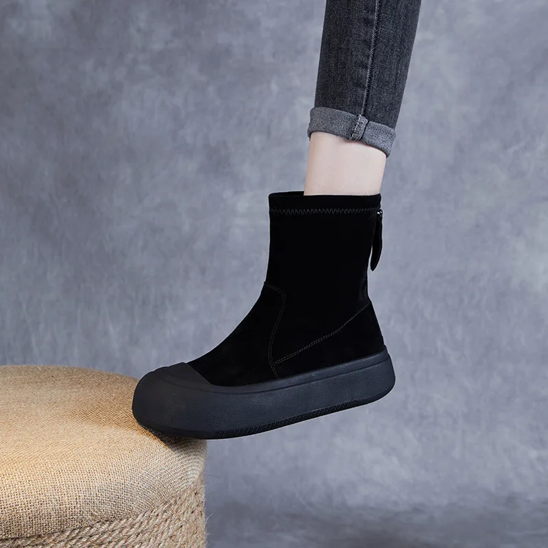 2024 Fashion Thick Bottom Mid Calf Boots Women Sheepskin Suede Round Toe Back Zipper Flat Platform Skinny Socks Boots image 5