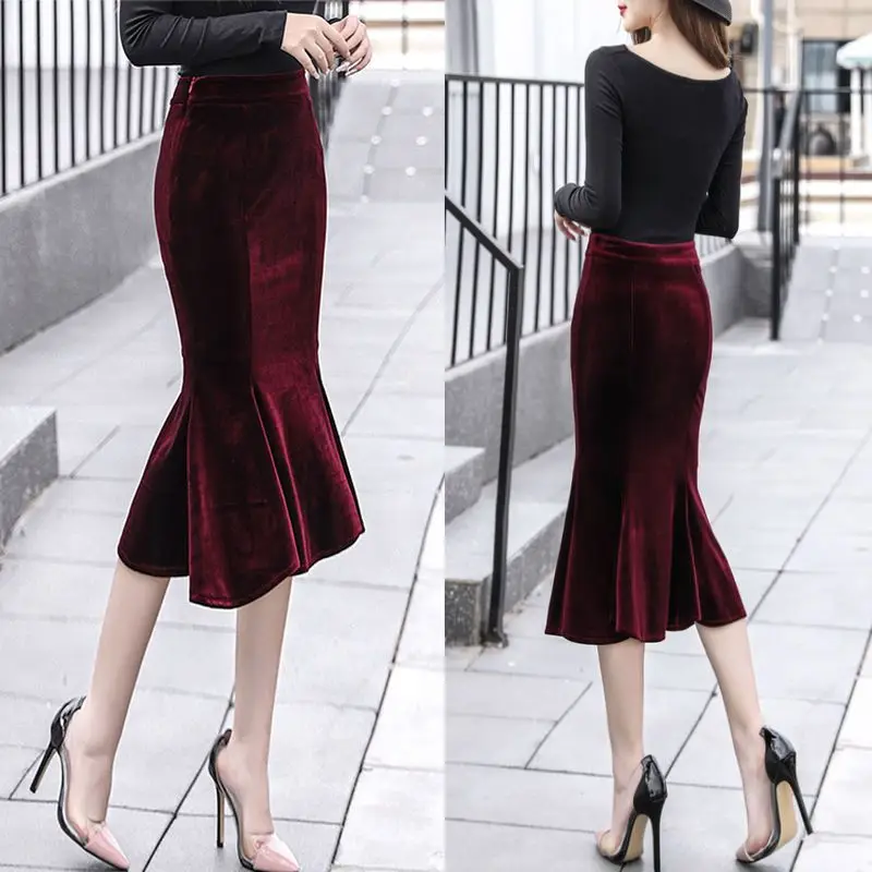 Women Clothing Spring Autumn New Golden Velvet Half Length Skirt High Waist Zipper Slim Temperament A-line Skirt Elegant Vintage