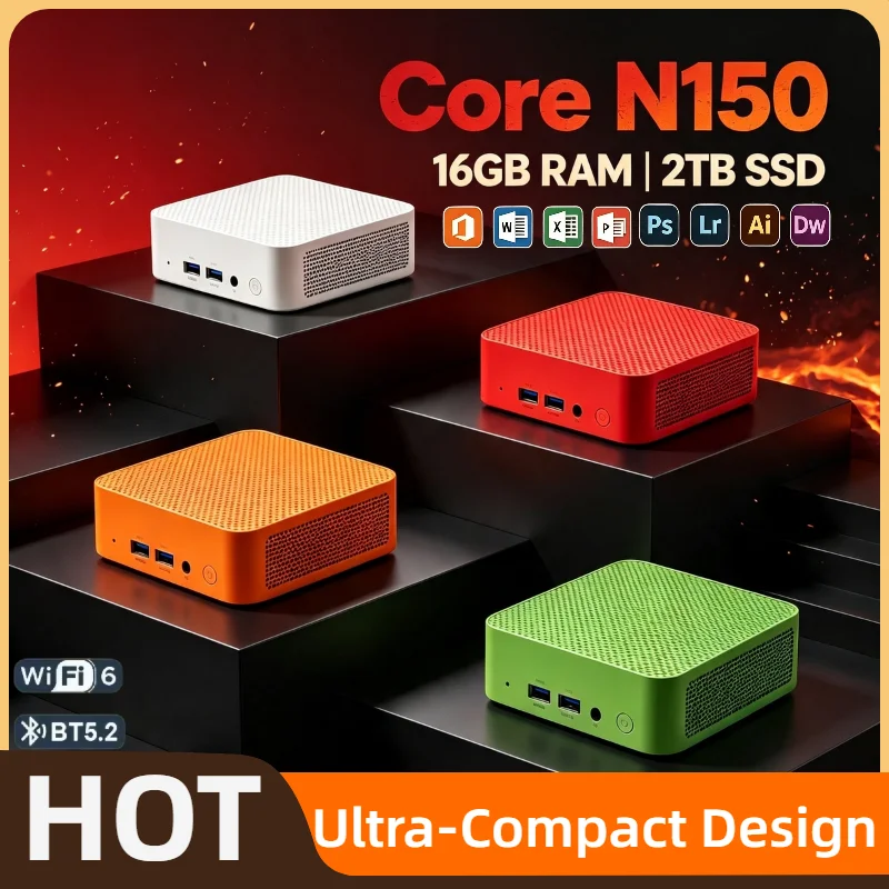 Intel Core N150 Portable Mini Desktop 16GB DDR4 1TB M.2 SSD Triple 4K HDMI WiFi6 BT5.2 Silent Cooling Home Office Pro Ultra