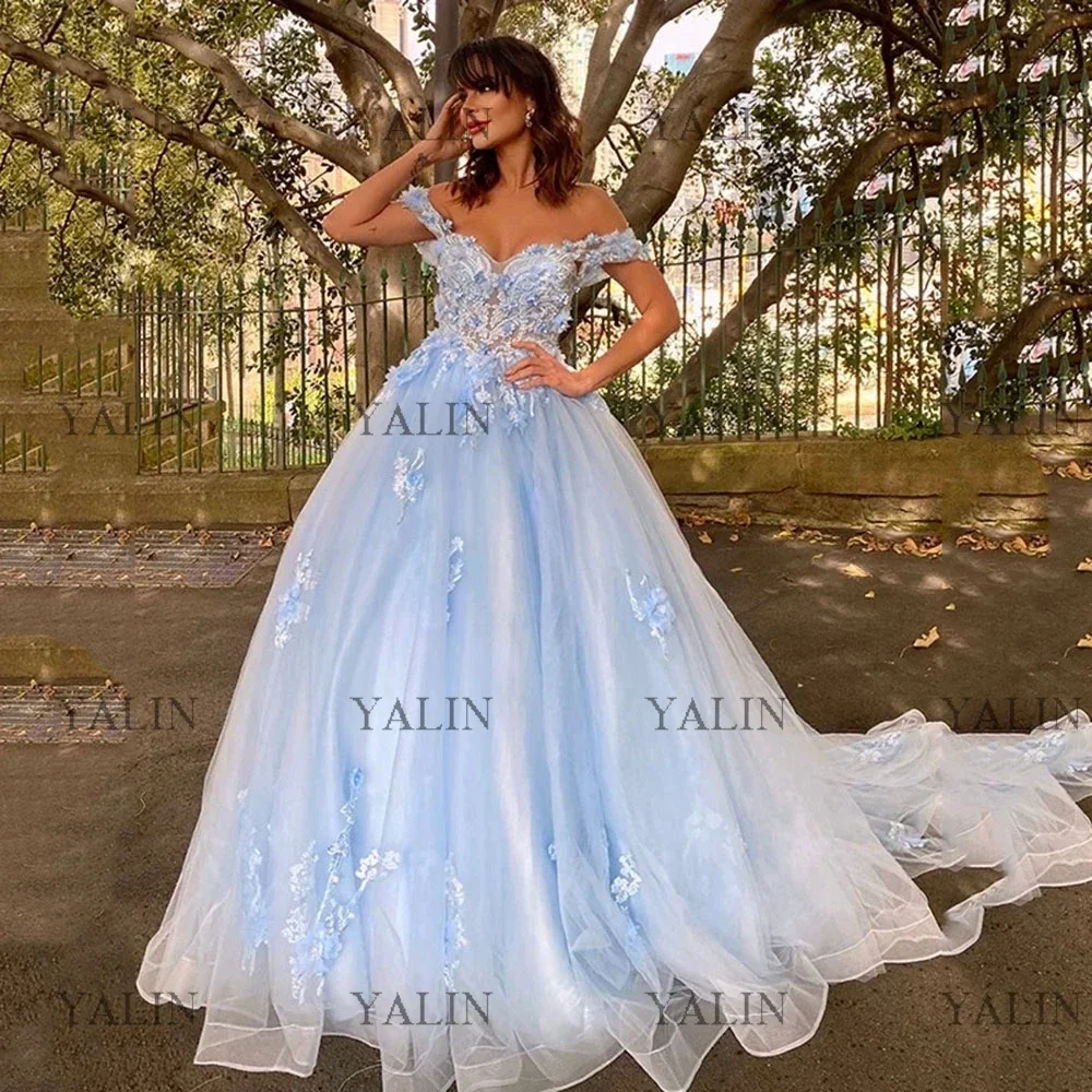 

YALIN Exquisite Off The Shoulder Quinceanera Dress Sweep Train Sky Blue Appliques Evening Gown Lace-Up Beauty Pageant Dresses