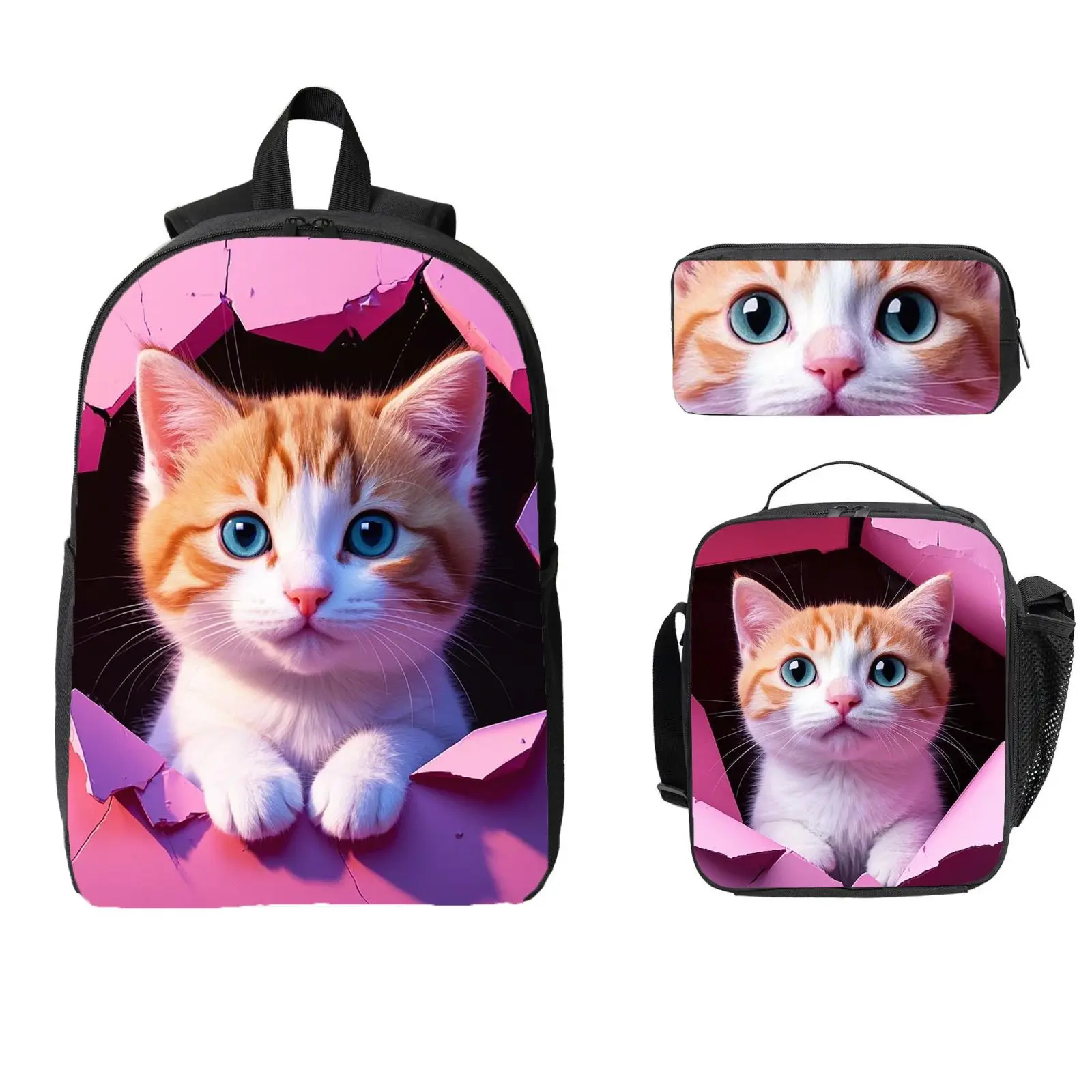 Set de tres piezas: mochila, estuche para lápices, bolsa de almuerzo, alta calidad, impresión 2D, gran capacidad, gato, lindo, regalo, para uso diario