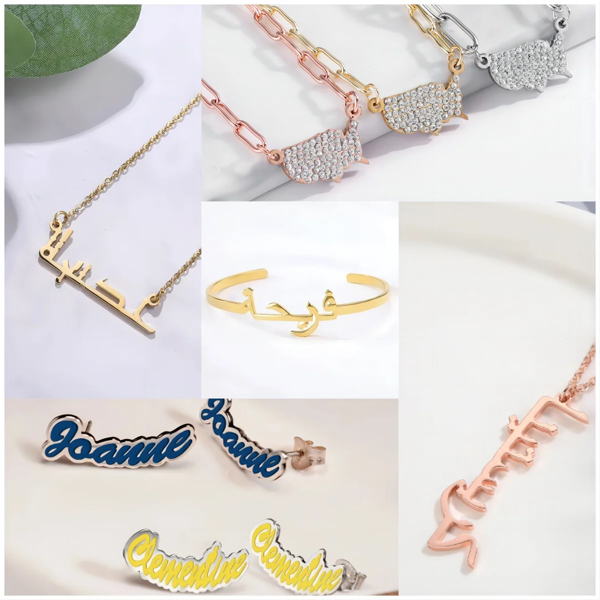 

Personalized Stainless Steel Arabic Name Necklace Custom Enamel Stud Earrings Custom Arabic Name Bracelet Muslim Jewelry for Mom