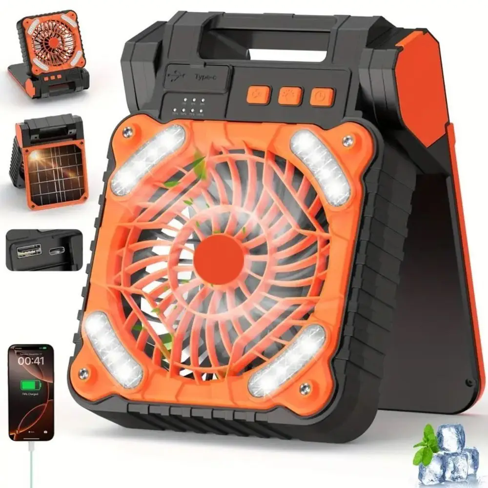90-Degree Folding Outdoor Solar Fan 4 Sleep Timers Low Running Noise Portable Tent Fan 4 Speeds Wind Steady Airflow