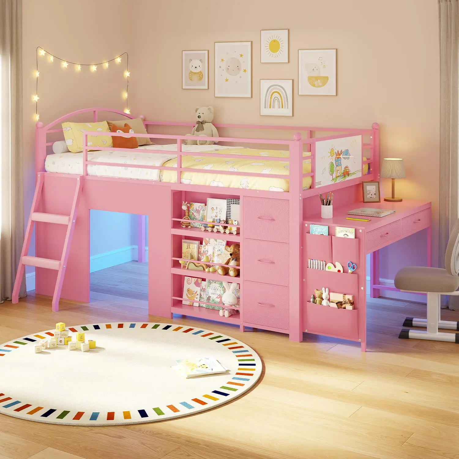 Twin Size Low Loft Bed with Storage,Desk and Bookshelf  | Twin Size, Led Lights, 3 Storage Drawers, 3 Open, Customized