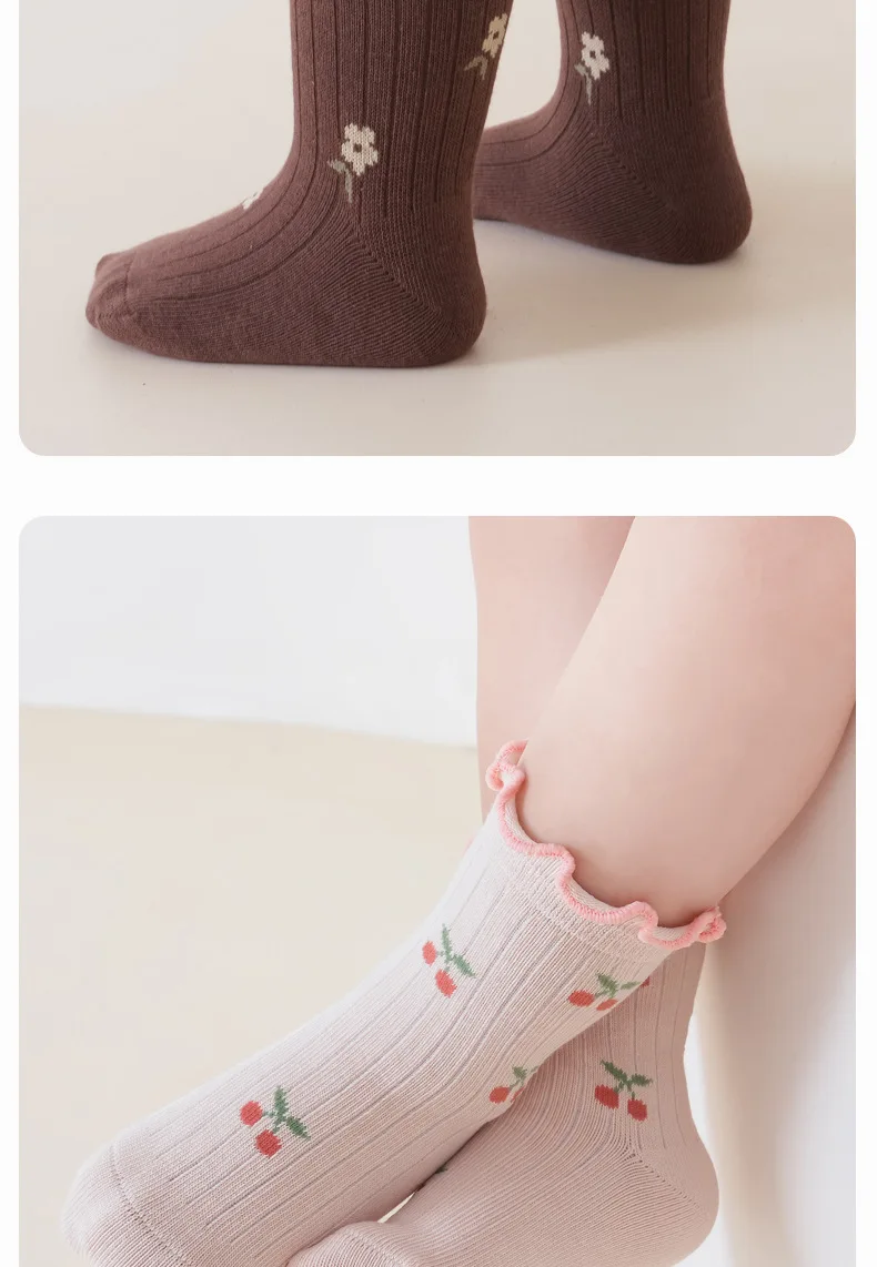 3/5 Paar Kleinkind Mädchen Socken mit Wellenmuster und Rüschenbündchen, Vintage Blumen Baby Socken für Mädchen, für den täglichen Gebrauch – Detail 7
