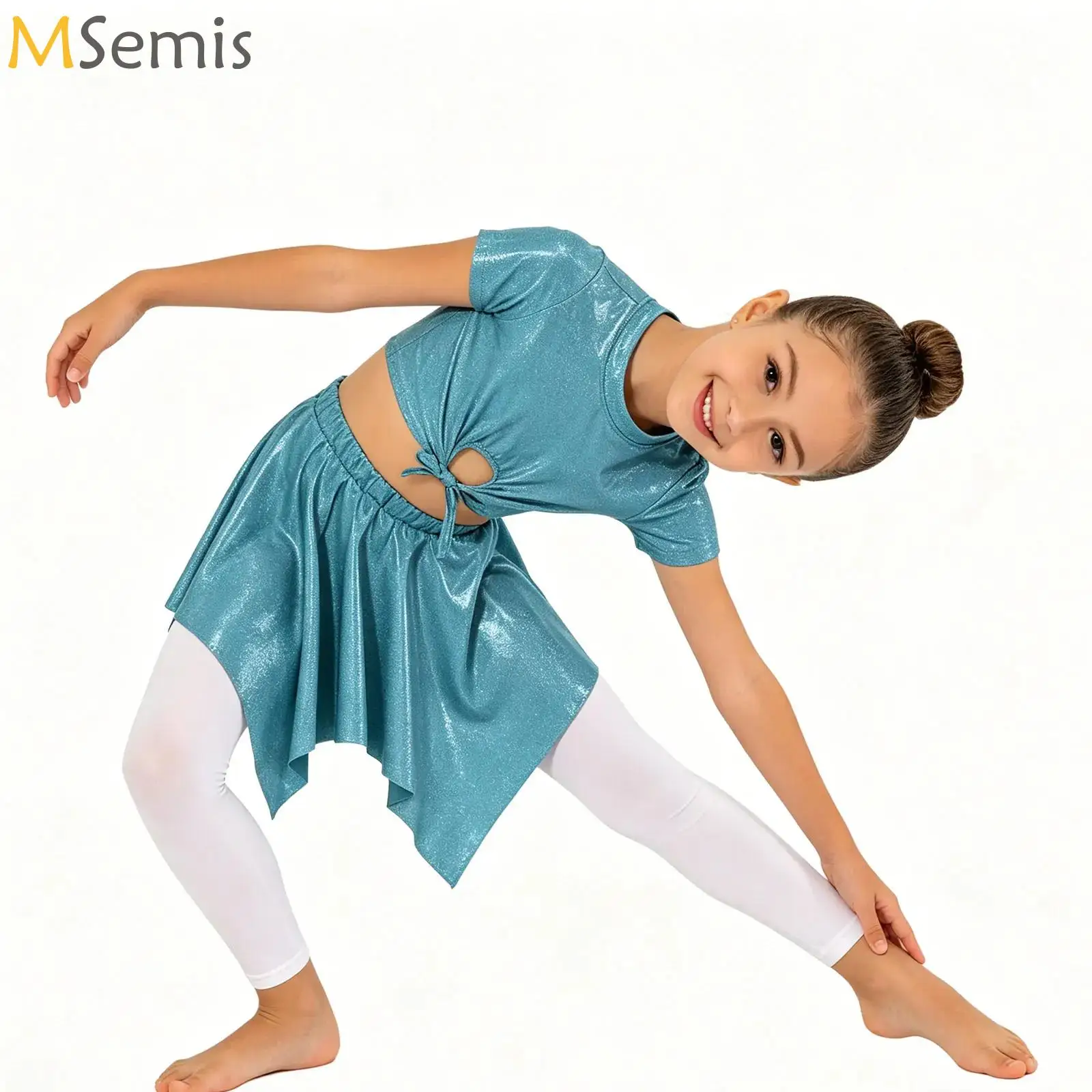 

Kids Girls Ballet Dance Set Metallic Cheerleading Dance Outfit for Jazz Dance Gymnastics Stage Performance Peplum Top with Short