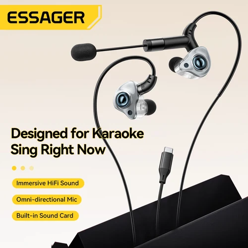 Imagen 2 del producto Essager-auriculares de Karaoke tipo C con tarjeta de sonido integrada, auriculares con cable de música estéreo HiFi con micrófono para cantar/en vivo/juegos