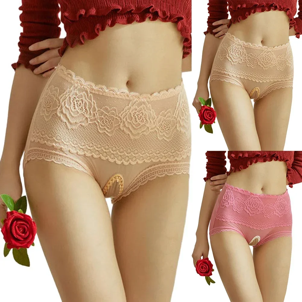 Women Sexy Lace Briefs Crotchless Panties Hight Waist Underwear Ultra-thin Transparent Thongs Lightweight Breathable Knickers