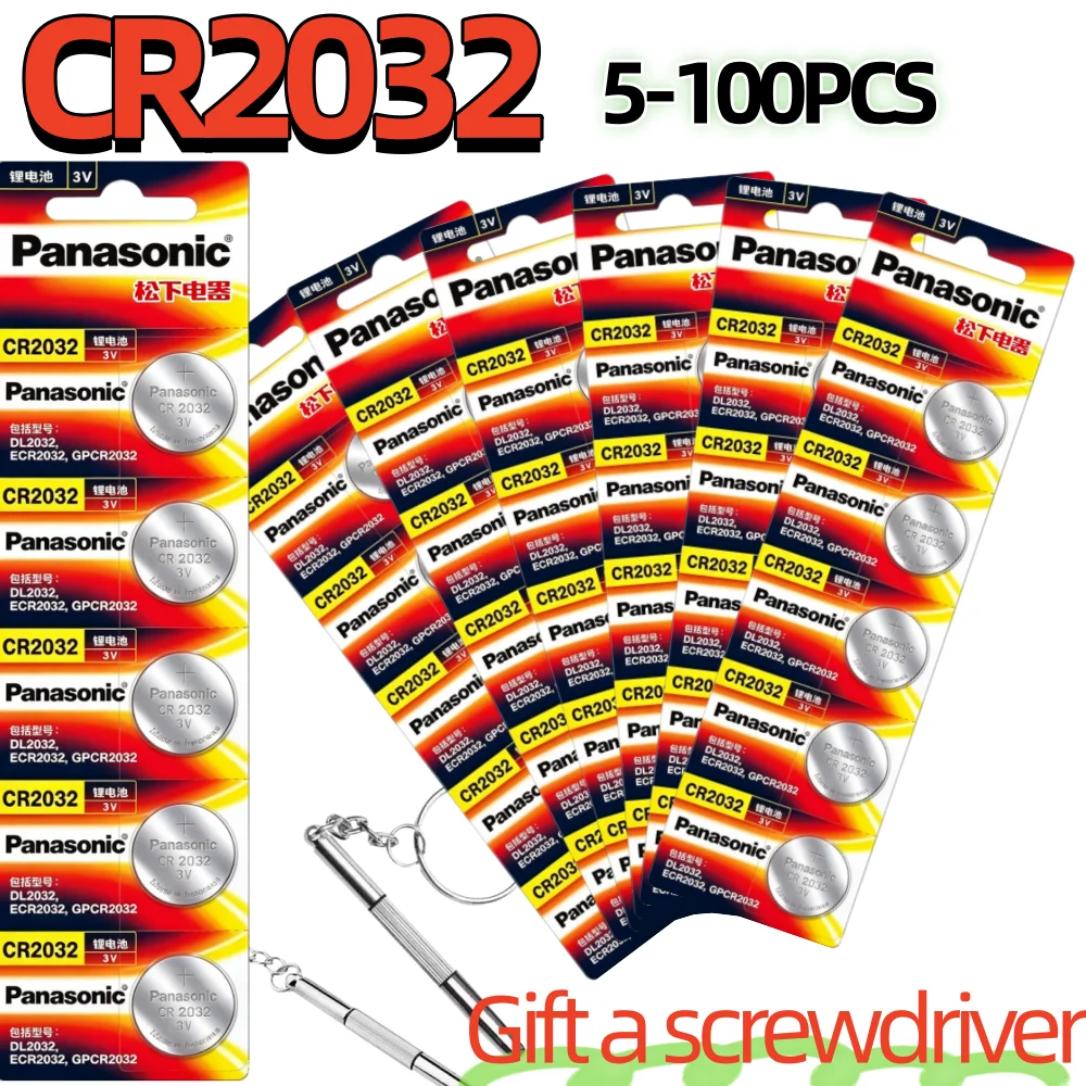 5‑100PCS Panasonic CR2032 3V Lithium Coin Button Battery, Original CR 2032 Cell For Car Key Fob, Wrist Watch, Glucose Meter