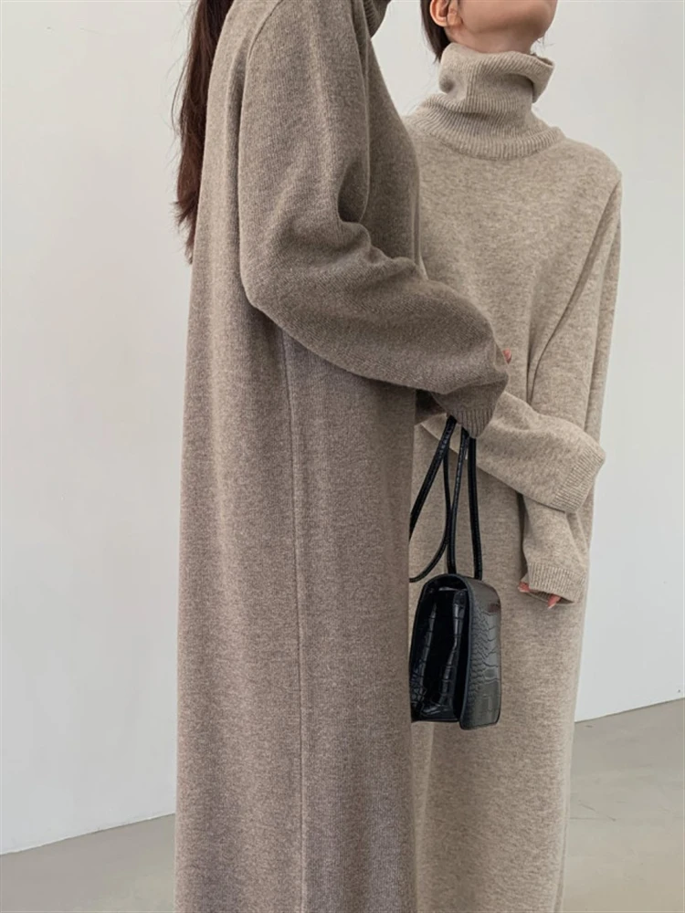 

Turtleneck Woman Knitted Dresses Korean Autumn Elegant Vintage Clothing New 2022 Sweater Dress Women Warm Winter Thick Solid