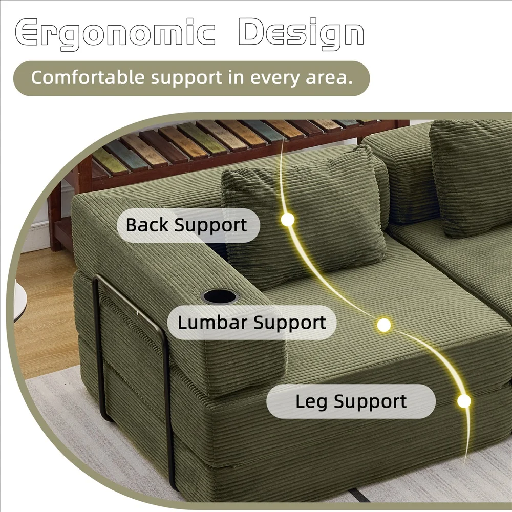 Modernes Frei Kombinierbares Modulares Ecksofa Olivgrüner Cord Convertible Couch mit Getränkehaltern Platzsparende Möbel – Detail 30