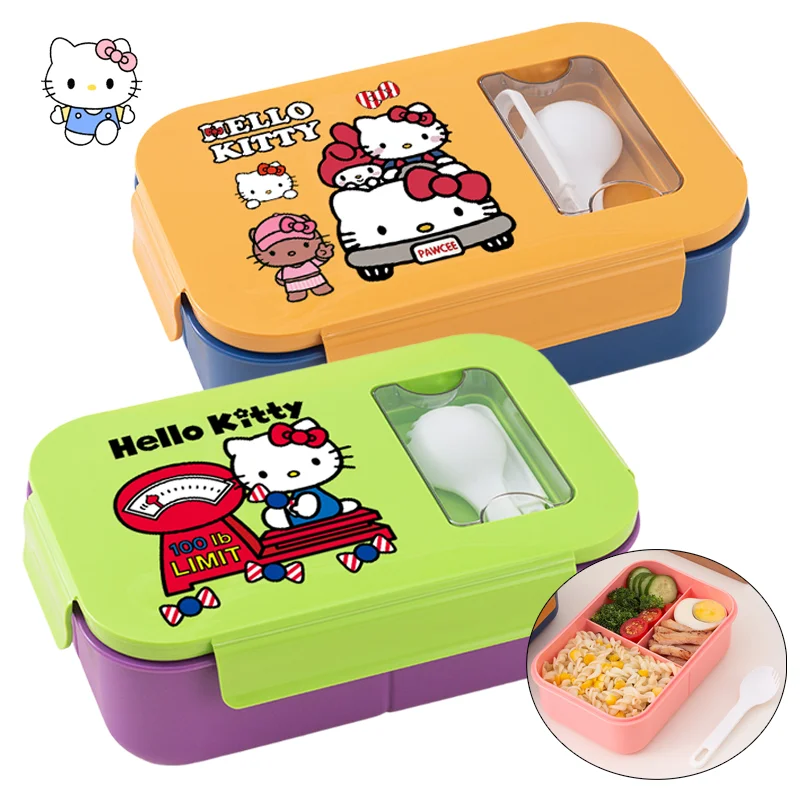 

Hello Kitty Lunch Box with Spoon Cartoon Plastic Food Storage Containers Student Portable Bento Box Camping Picnic Fresh Boxes