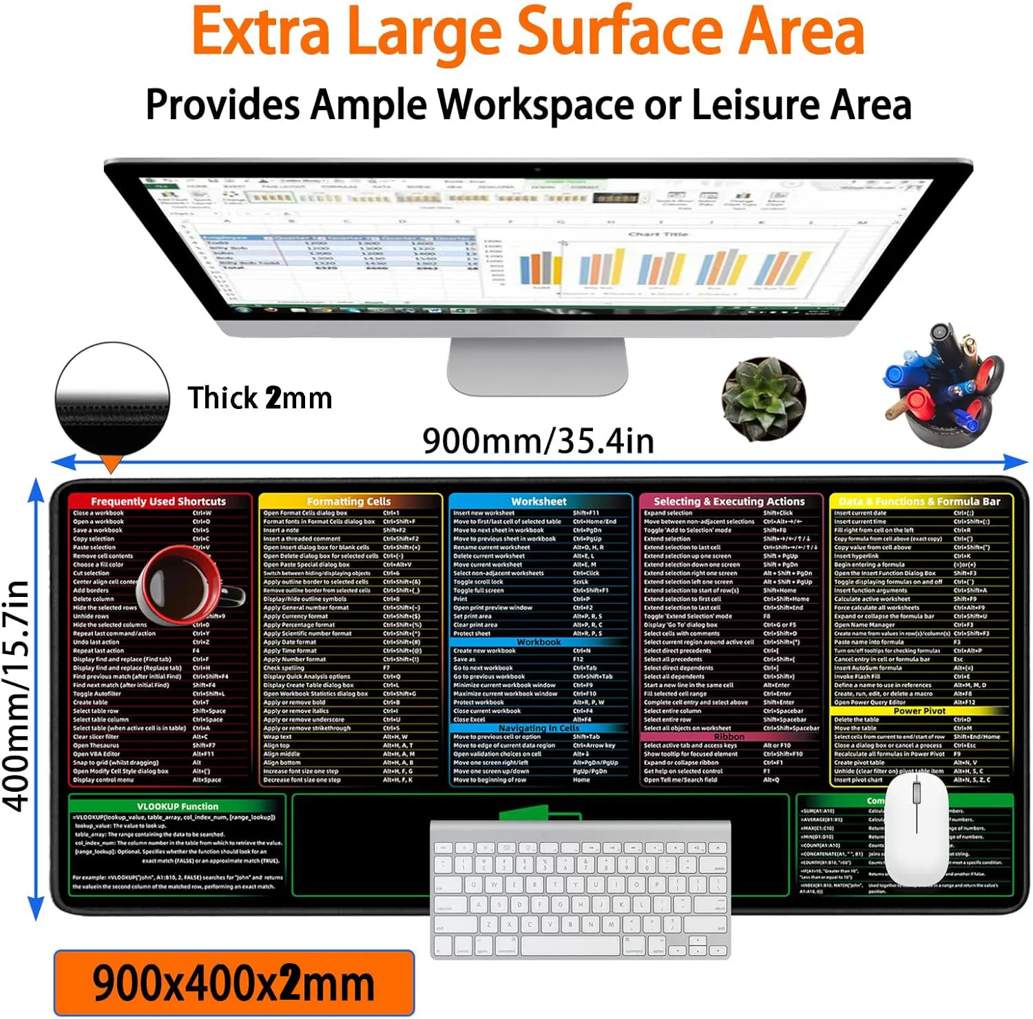Excel Shortcuts Mouse Pad，Extended Large XXL Cheat Sheet,PC Office Excel Desk Pad，Waterproof Non-Slip Rubber Base，Stitched Edges