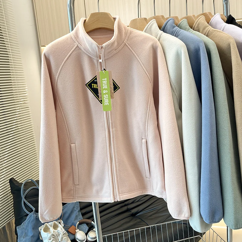 

2024 двусторонняя флисовая толстовка, женское свободное пальто, осень-зима, утепленные топы с воротником-стойкой, повседневные спортивные куртки