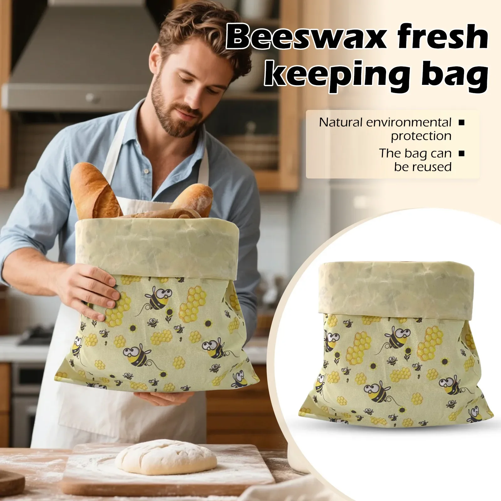 

Food Grade 2 Packs Reusable Beeswax Bread Bags- Keep Your Loaf Fresh For Days - Large And Easy To Clean Cotton Storage Bag